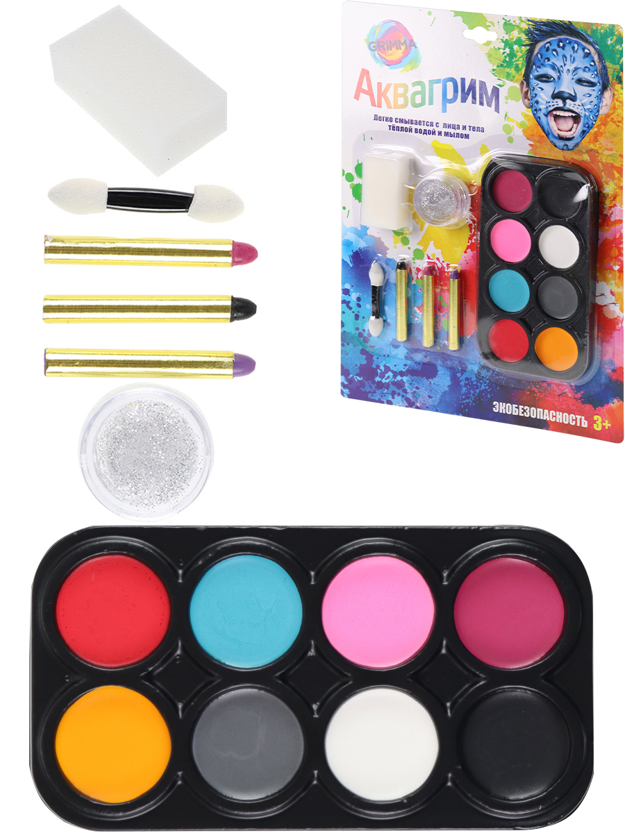 Набор аквагрима для детей- 8шт,каран-3шт,гель для тела и лица-1шт,спонж-1шт,апплик-1шт, КС-3600
