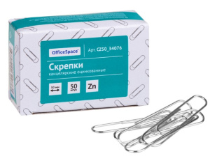 Скрепки 'OfficeSpace', 50 мм, оцинкованные, (50 шт;уп), 34076