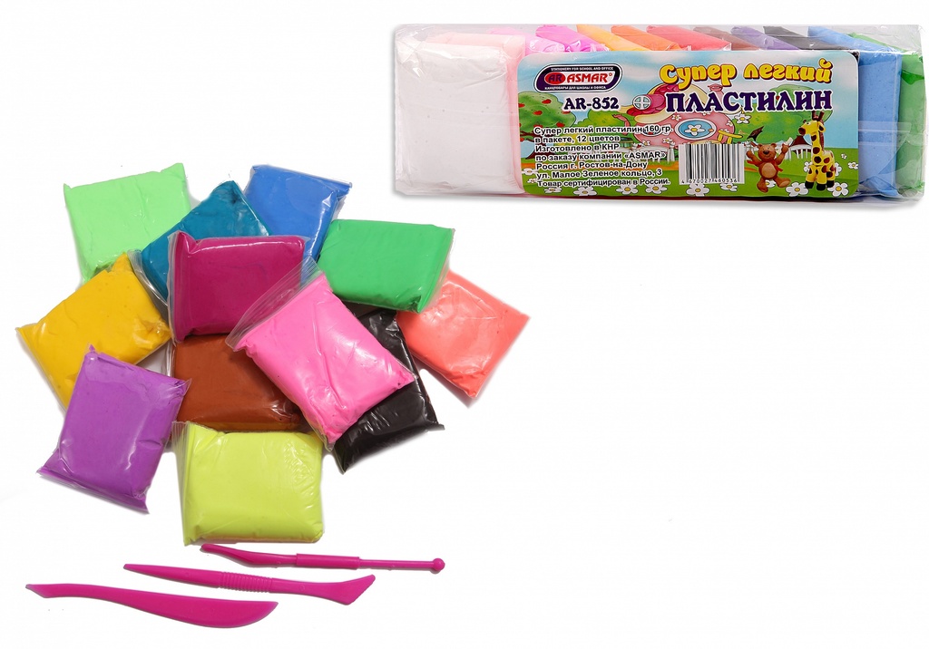 Супер легкий пластилин 12 цв.160 гр.со стеком (в пакете), AR-852