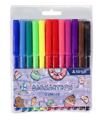Фломастеры, 12 цв, Alingar, смываемые чернила, корпус круглый, Сладости, AL8976