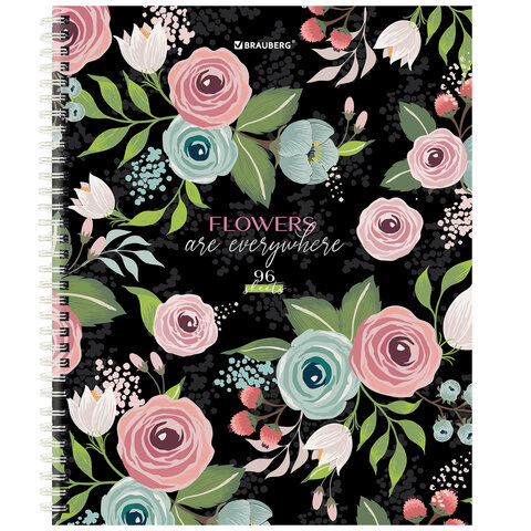 Тетрадь А5, 96л. 'BRAUBERG.Flowers', клетка , твердая обложка , на гребне, 404444