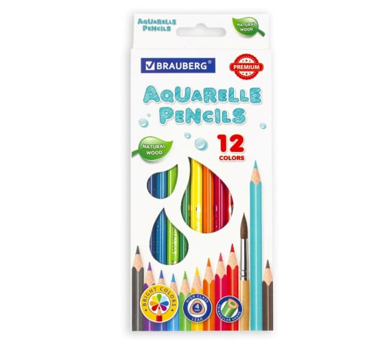 Карандаши цветные BRAUBERG PREMIUM AQUARELLE , 12 цветов , грифель мягкий 4 мм, 181671