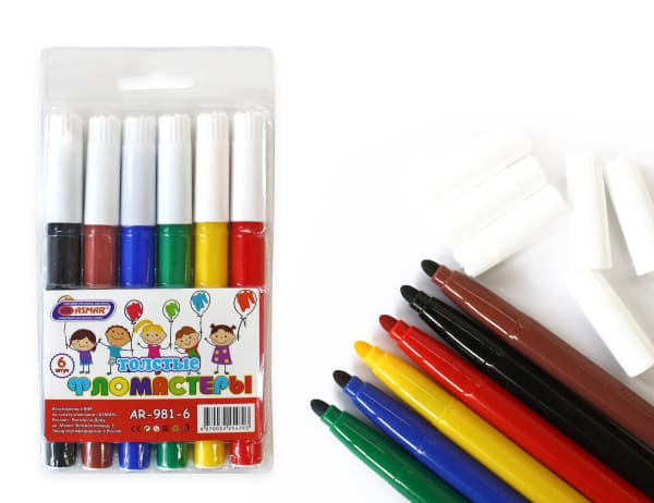 Фломастеры 6 цв ,толстые, белый колпачок, пластиковый блистер, европодвес, AR-981-6