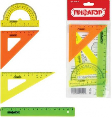 Набор чертежный малый "ПИФАГОР", (линейка 16 см, 2 треугольника, транспортир), 210625