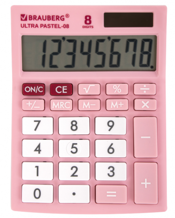 Калькулятор настольный BRAUBERG ULTRA PASTEL-08-PK, 8 разрядов, дв. питание, розовый, 250514