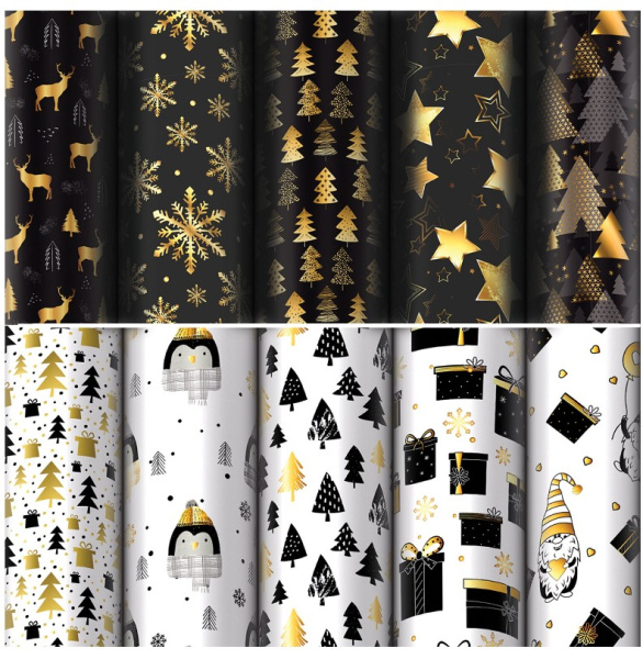 Бумага упаковочная подарочная новогодняя 'Black.Gold.White', 70х100 см, 10 дизайнов ассорти, 592052