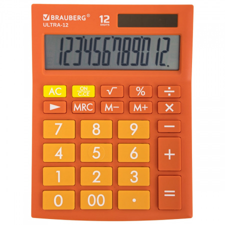Калькулятор настольный BRAUBERG ULTRA-12-RG, 12 разрядов, двойное питание, ОРАНЖЕВЫЙ, 250495
