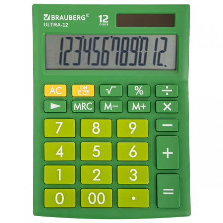 Калькулятор настольный BRAUBERG ULTRA-12-GN, 12 разрядов, двойное питание, ЗЕЛЕНЫЙ, 250493