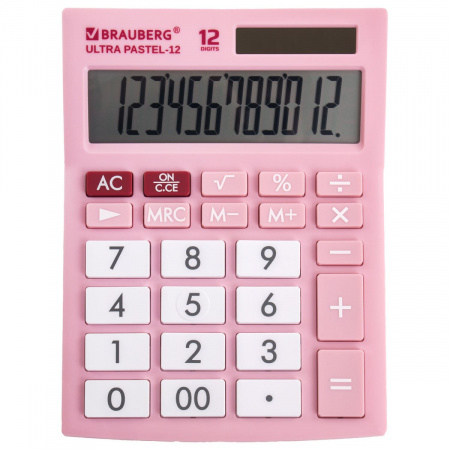 Калькулятор настольный BRAUBERG ULTRA PASTEL-12-PK, 12 разрядов, двойное питание, РОЗОВЫЙ