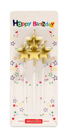 Свечи для торта на длинных пиках "Золотые звёзды", 4 шт., Миленд, картон. уп., европодвес, С-2466