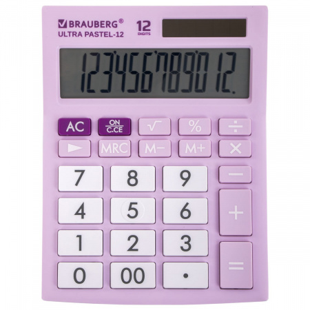 Калькулятор настольный BRAUBERG ULTRA PASTEL-12-PR, 12 разрядов, двойное питание, СИРЕНЕВЫЙ, 250505